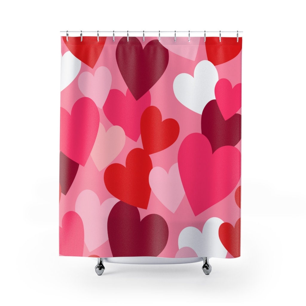 Boho Style Red Heart Fabric Shower Curtain Valentines Day Decor for Chic Bathroom