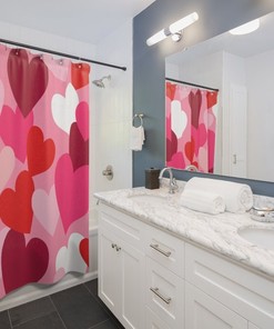 Boho Style Red Heart Fabric Shower Curtain Valentines Day Decor for Chic Bathroom