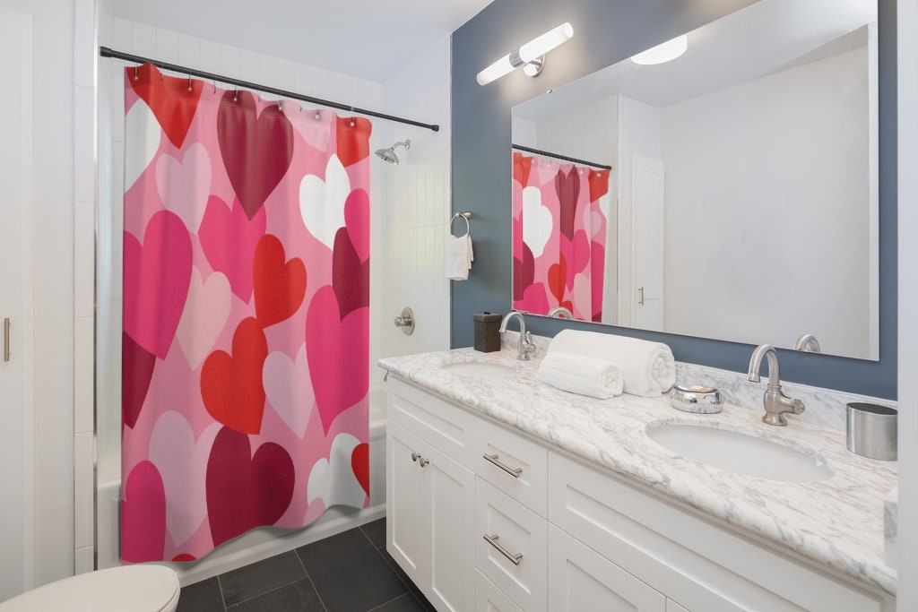 Boho Style Red Heart Fabric Shower Curtain Valentines Day Decor for Chic Bathroom