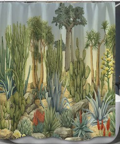 Boho Style Watercolor Cactus Shower Curtain With Feathers For An Artistic Touch