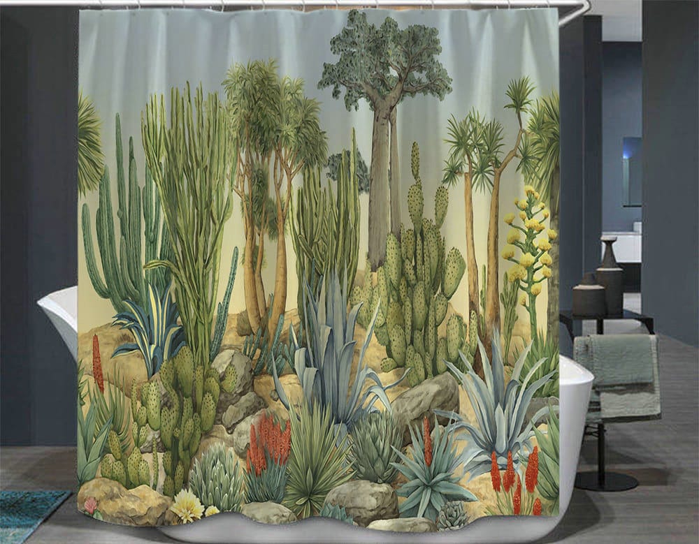 Boho Style Watercolor Cactus Shower Curtain With Feathers For An Artistic Touch