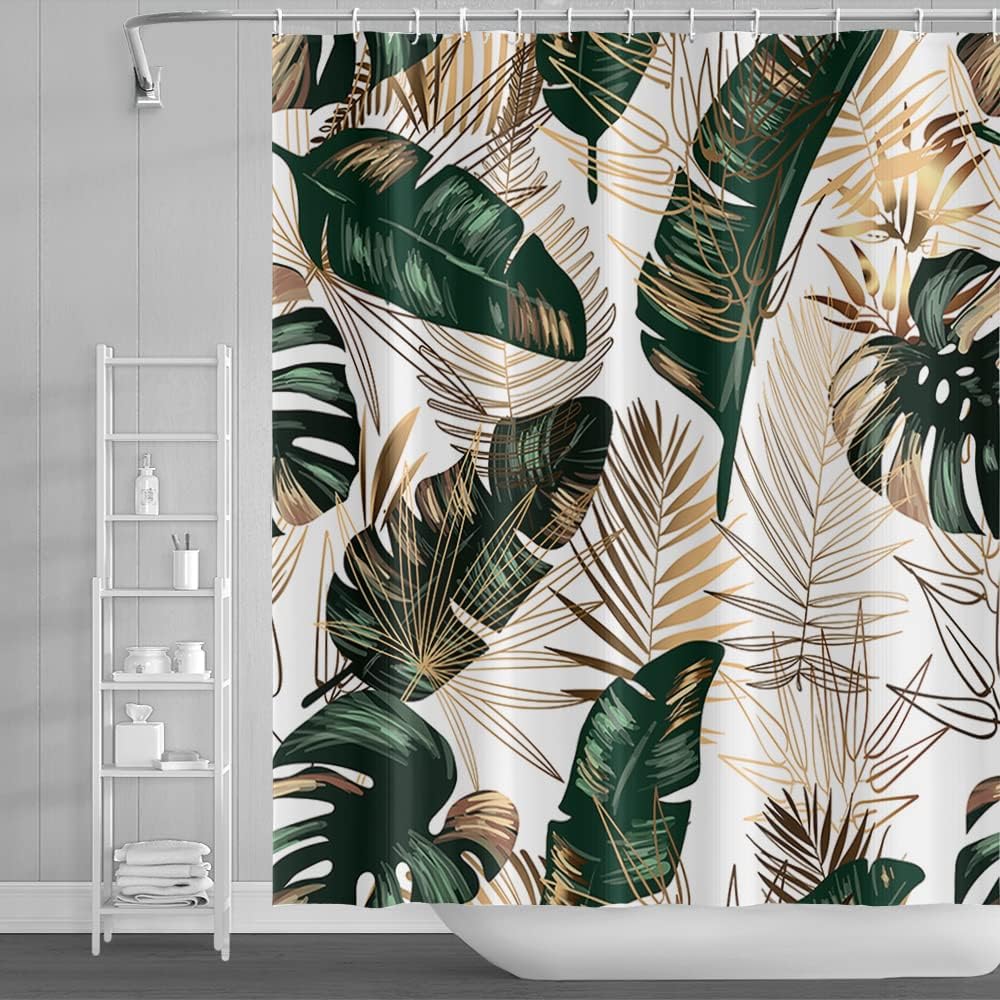 Boho Summer Plant Palm Leaf Green Tropical Leaves Shower Curtain - Image 2