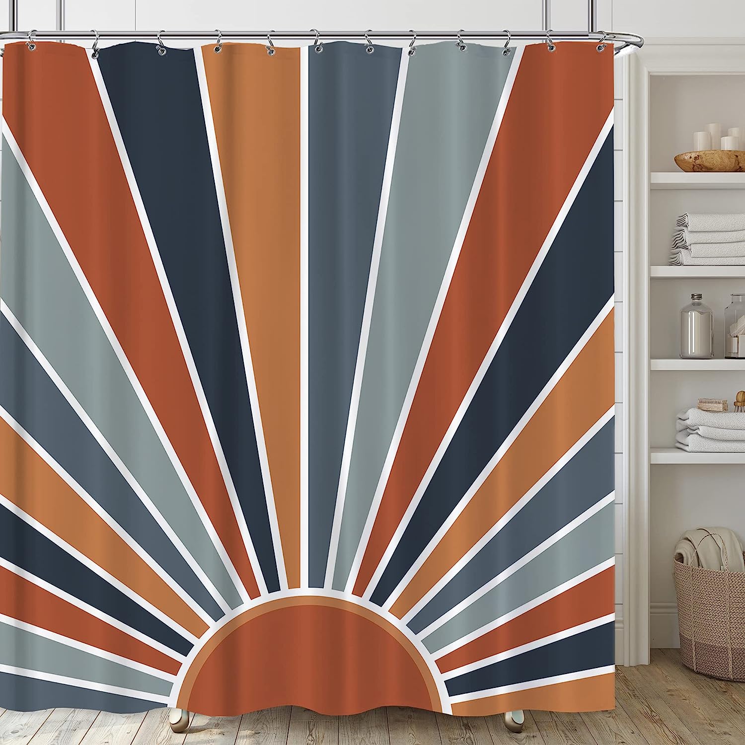 Boho Sun 70s Sunrise Sunset Shower Curtain for Retro Mid Century Orange Bathroom Decor