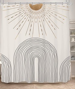 Boho Sun And Arches Shower Curtain, Minimalistic White Bathroom Decor