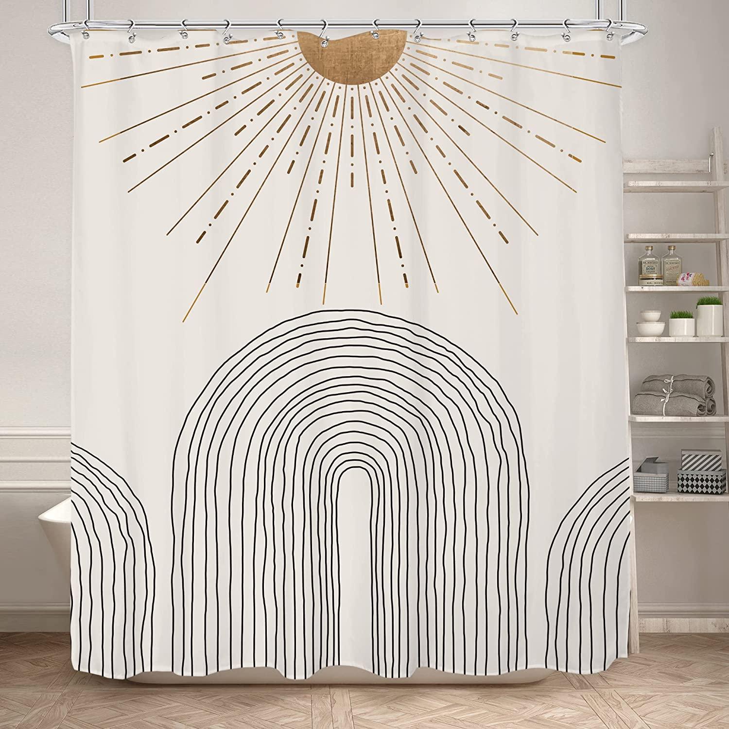 Boho Sun And Arches Shower Curtain, Minimalistic White Bathroom Decor