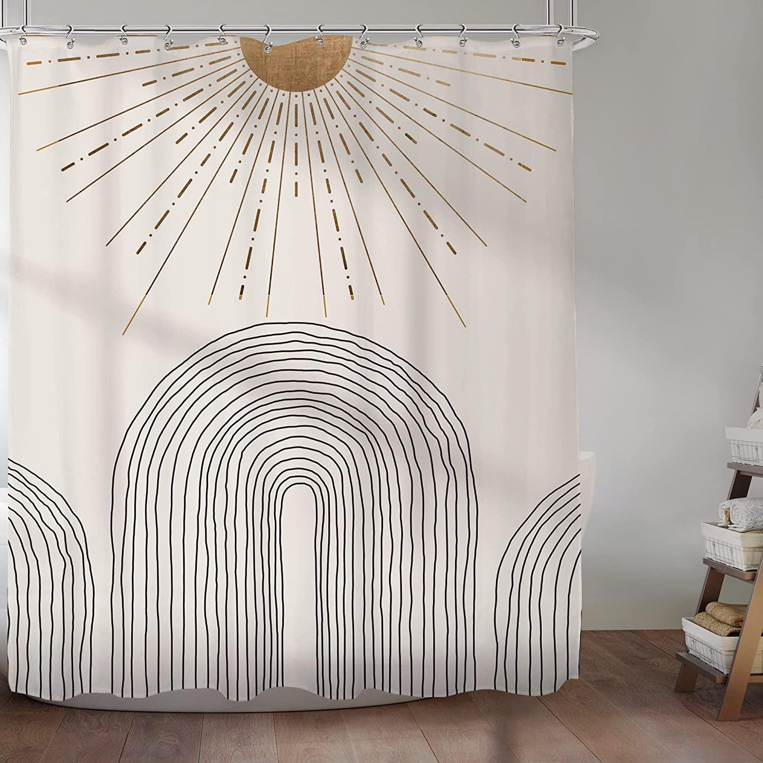 Boho Sun And Arches Shower Curtain, Minimalistic White Bathroom Decor - Image 2