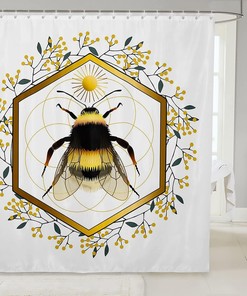 Boho Sun Geometry Yellow Fruits Rustic Plant Bee Shower Curtain for Elegant Bathroom Decor