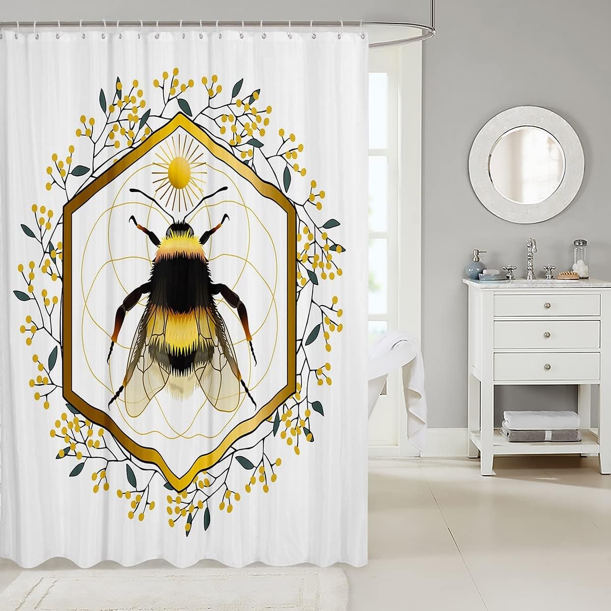 Boho Sun Geometry Yellow Fruits Rustic Plant Bee Shower Curtain for Elegant Bathroom Decor
