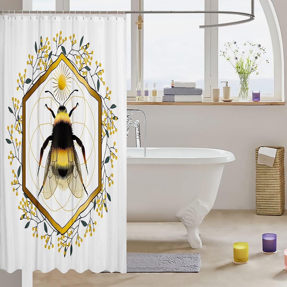 Boho Sun Geometry Yellow Fruits Rustic Plant Bee Shower Curtain for Elegant Bathroom Decor
