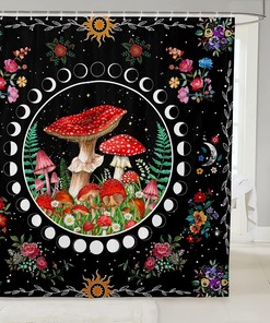 Boho Sun Moon Mushroom Botanical Shower Curtain for Kids Boys Girls Teens Room Decor