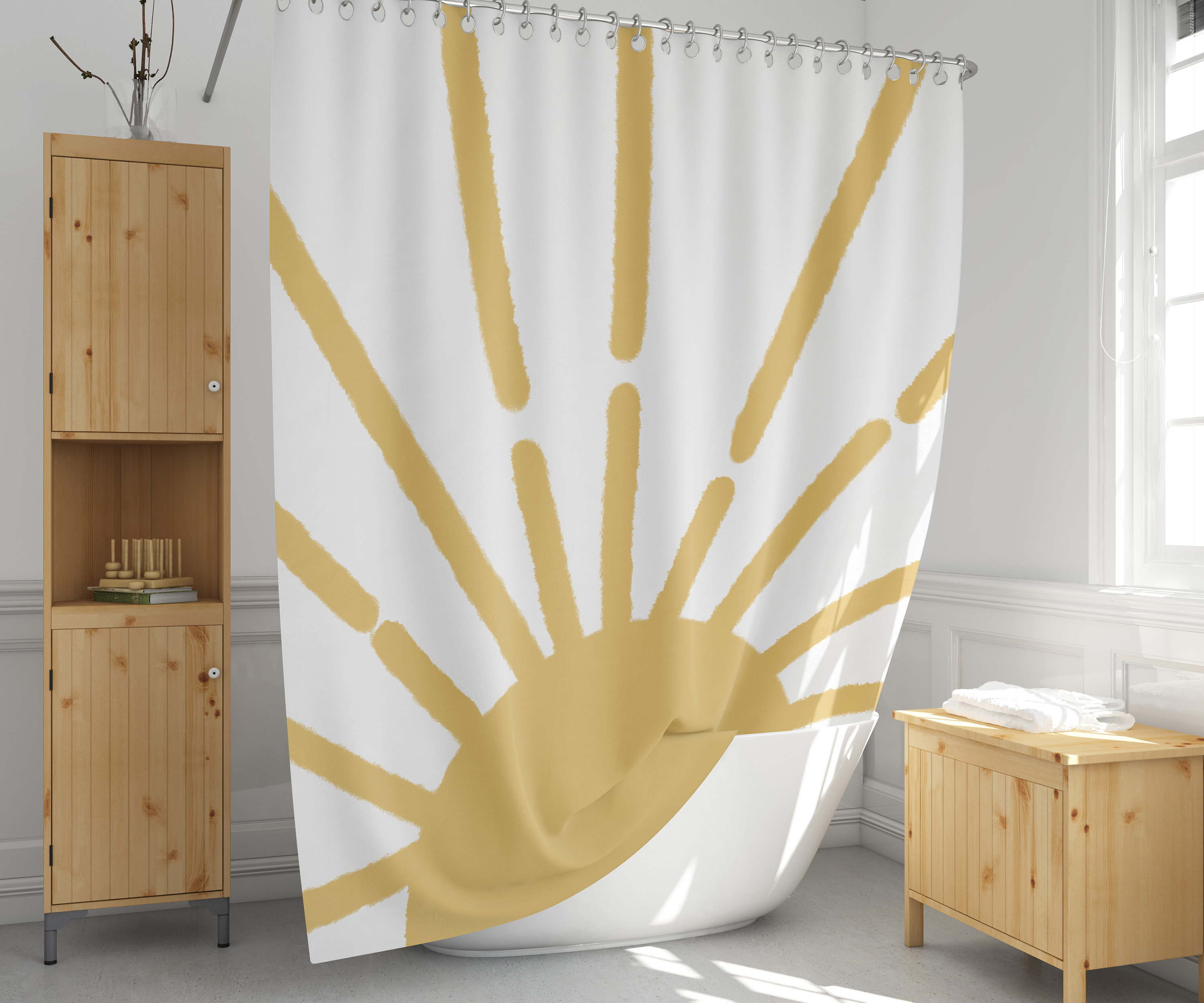 Boho Sun Moon Shower Curtain with Celestial Artistic Design, Tan and Cloth Fabric for Unique Bathroom Decor