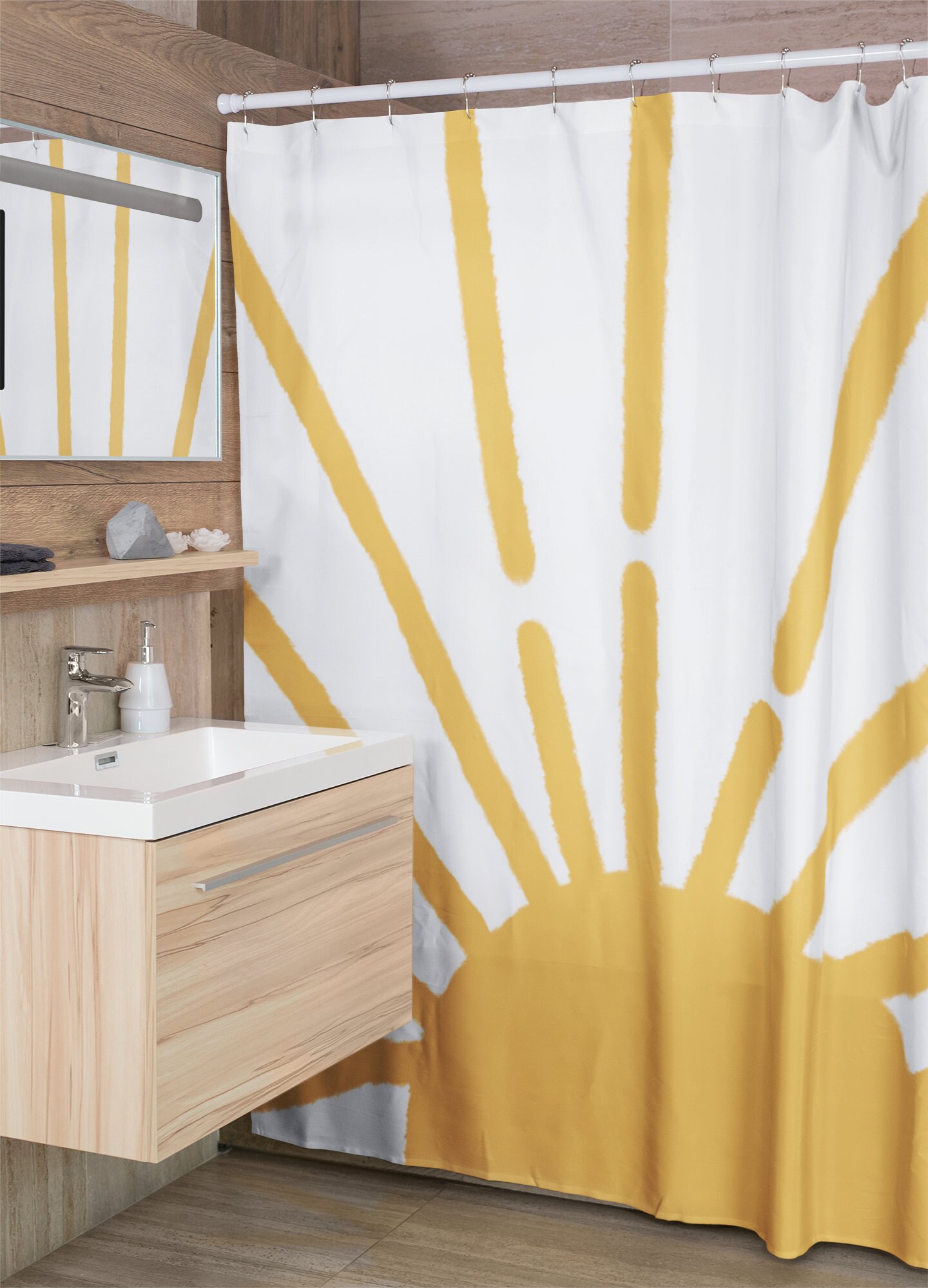 Boho Sun Moon Shower Curtain with Celestial Artistic Design, Tan and Cloth Fabric for Unique Bathroom Decor