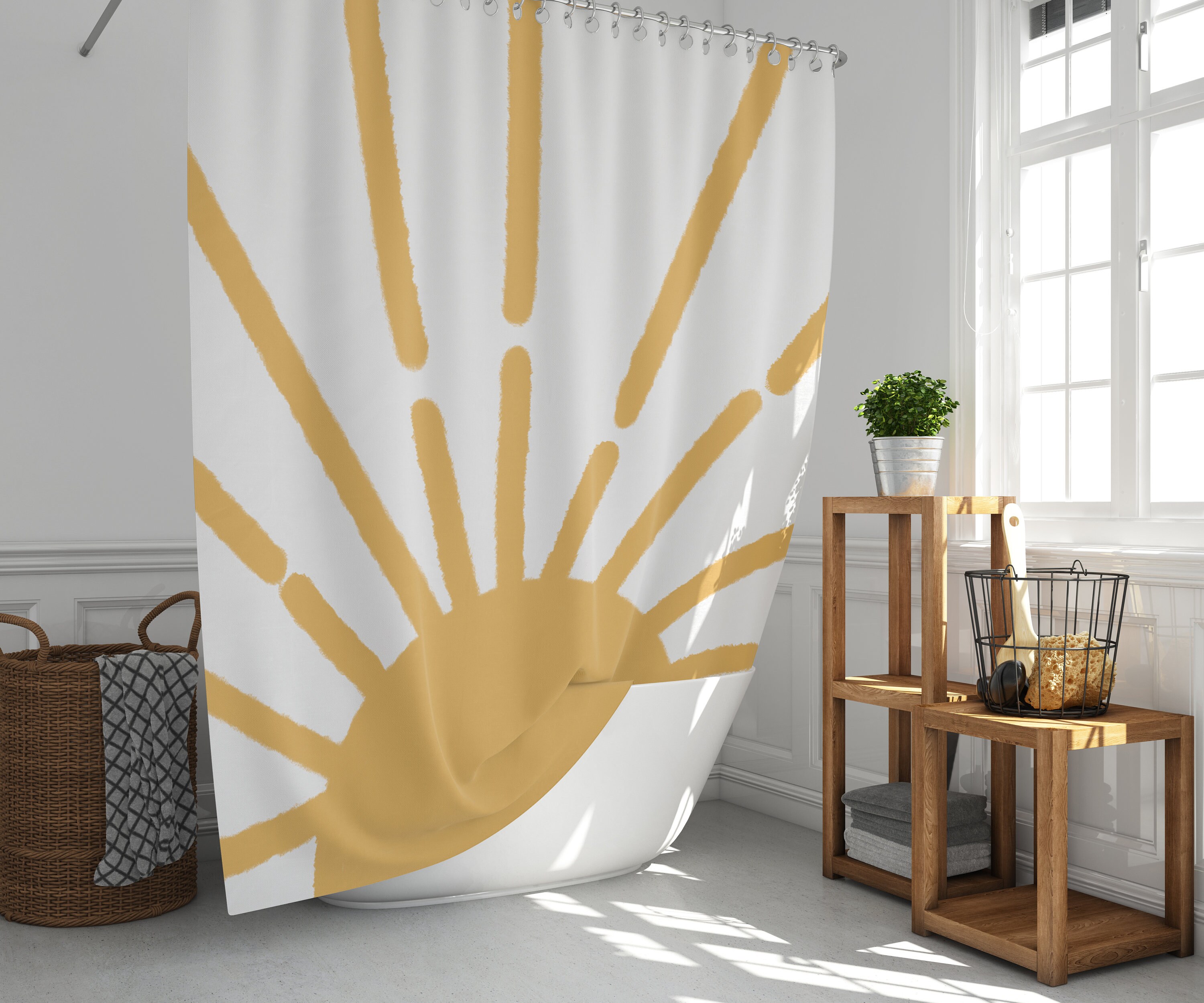 Boho Sun Moon Shower Curtain with Celestial Artistic Design, Tan and Cloth Fabric for Unique Bathroom Decor