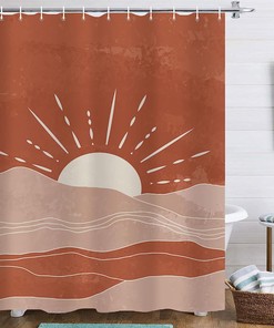 Boho Sun Mountain Minimalist Mid Century Shower Curtain in Burnt Orange for a Bold and Trendy Bathroom Look 