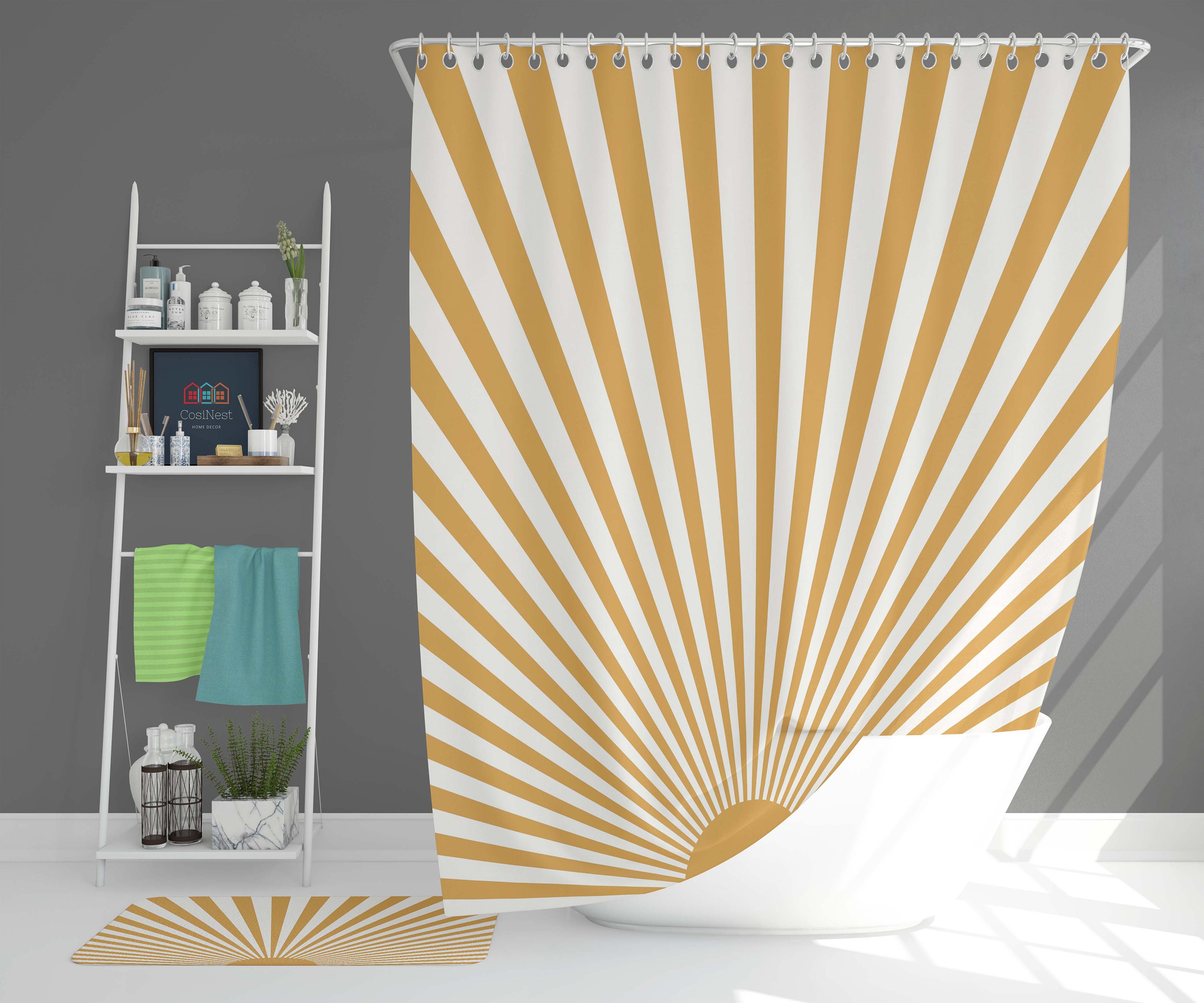 Boho Sun Rays Minimalist Sunrise Shower Curtain for Bathroom