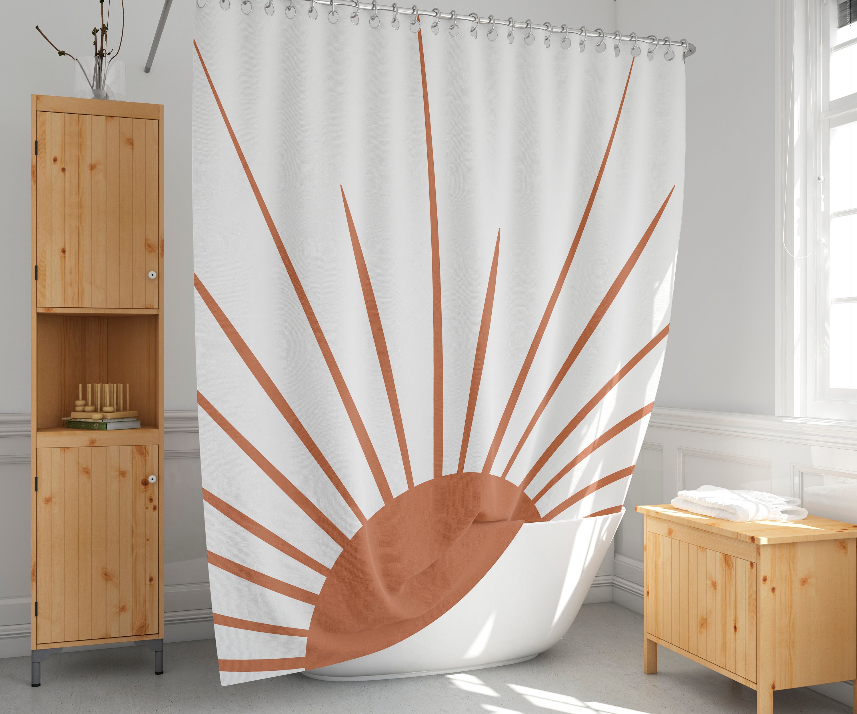 Boho Sunburst Shower Curtain, Abstract Sun And Earthy Tones, Extra Long Set With Hooks, Gift Idea