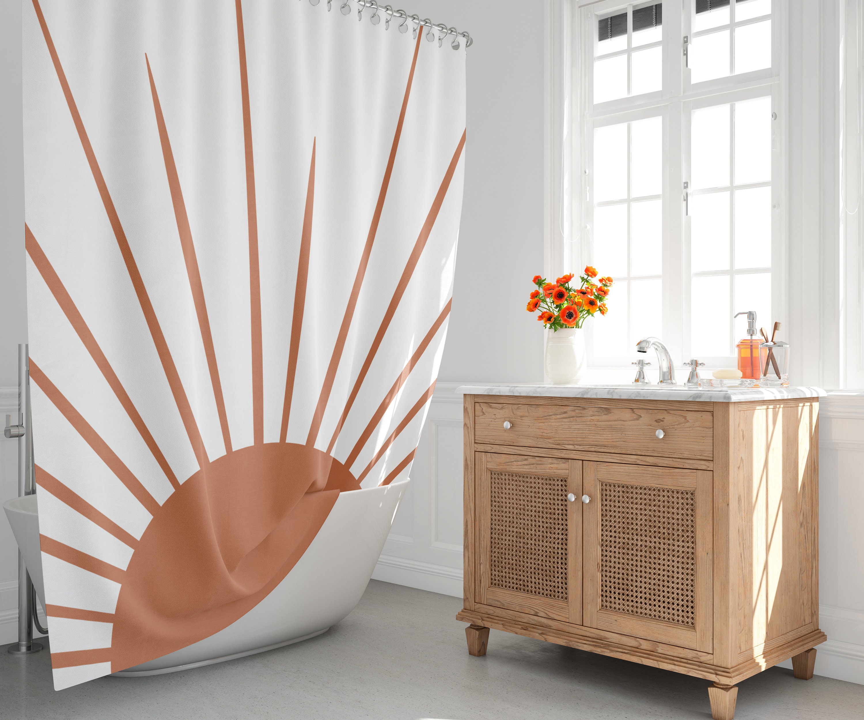Boho Sunburst Shower Curtain, Abstract Sun And Earthy Tones, Extra Long Set With Hooks, Gift Idea - Image 2