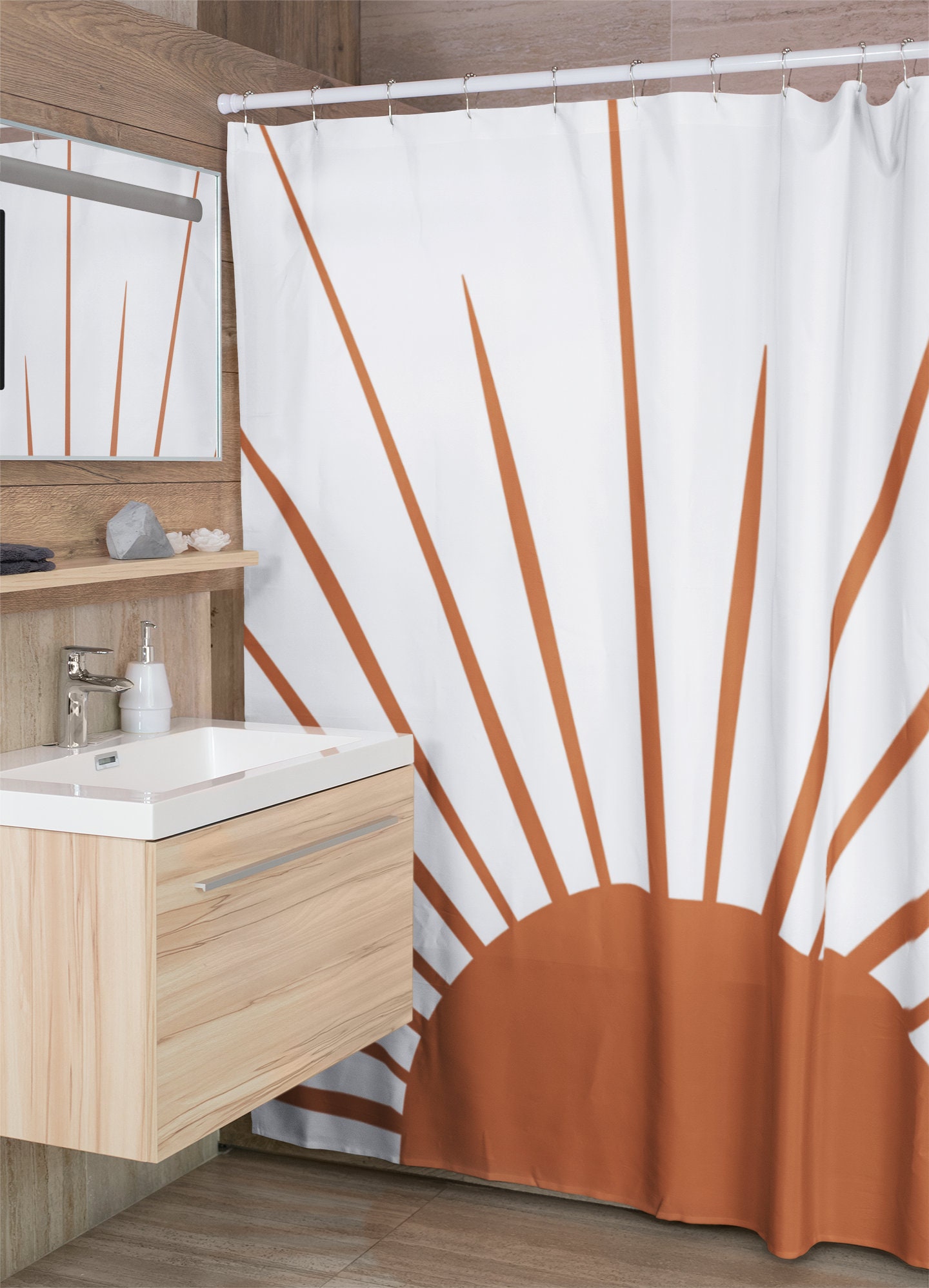 Boho Sunburst Shower Curtain, Abstract Sun And Earthy Tones, Extra Long Set With Hooks, Gift Idea - Image 3
