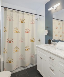 Boho Sunburst Shower Curtain with Unique Cloth Fabric Design, Celestial Moon Decor and Farmhouse Bathroom Style 