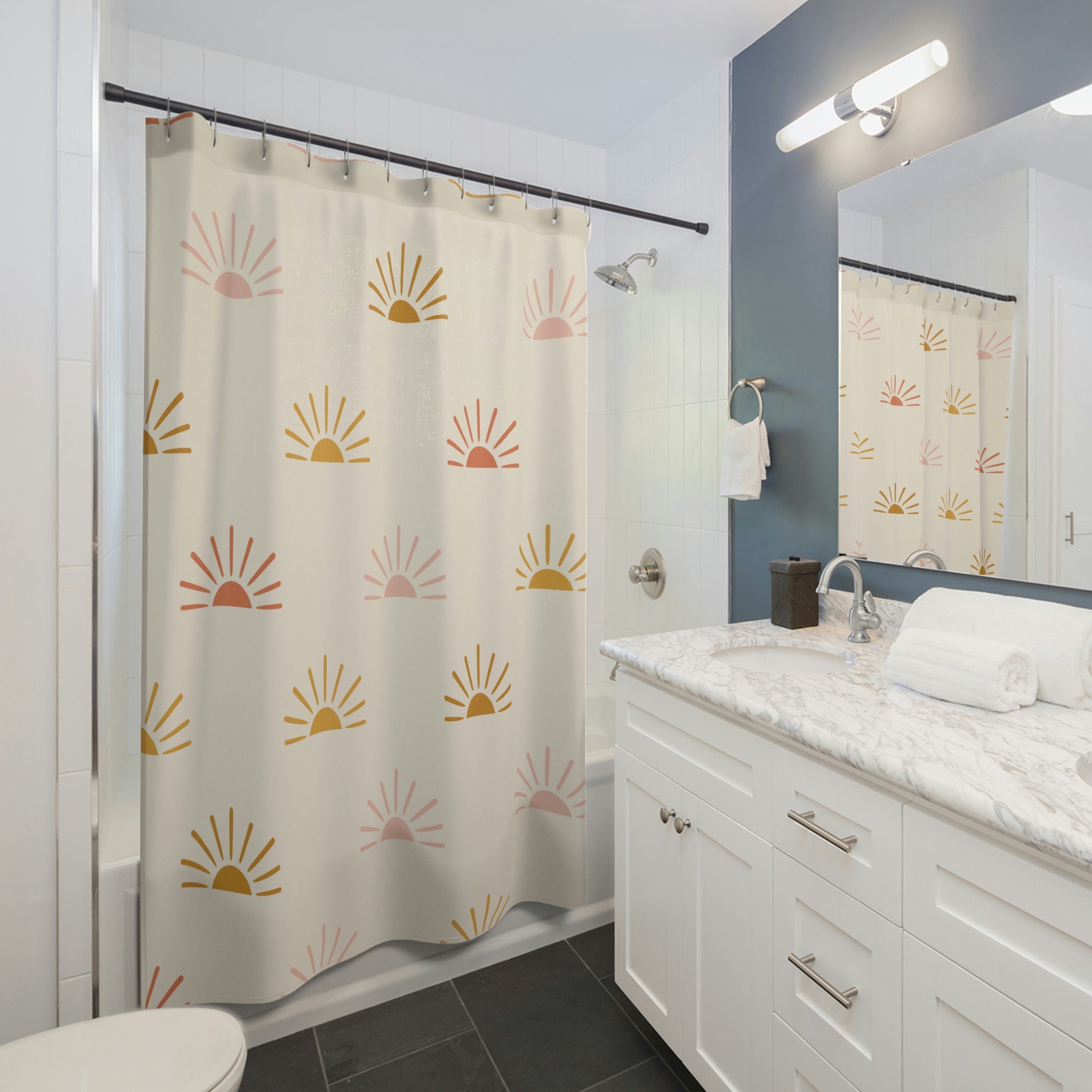 Boho Sunburst Shower Curtain with Unique Cloth Fabric Design, Celestial Moon Decor and Farmhouse Bathroom Style
