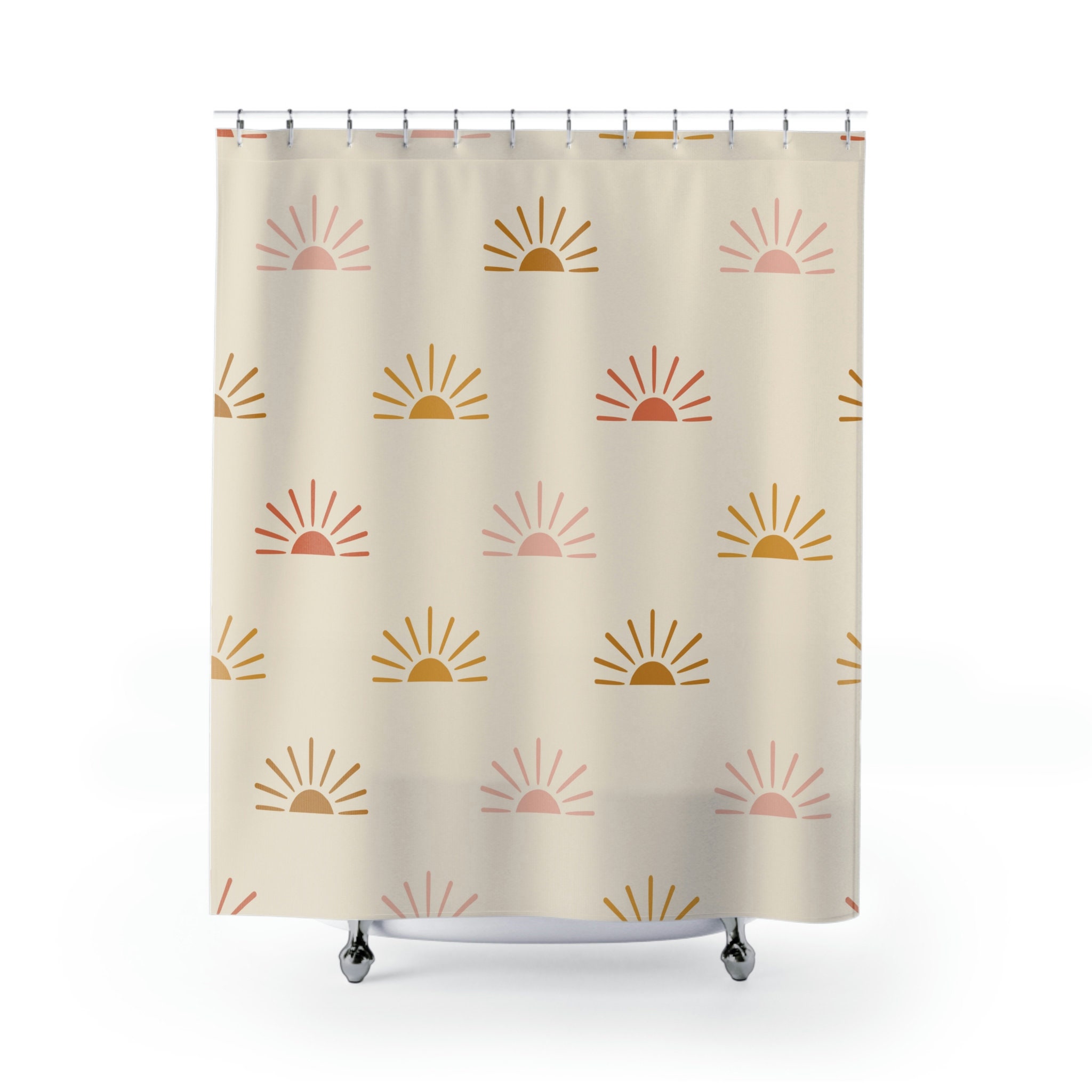 Boho Sunburst Shower Curtain with Unique Cloth Fabric Design, Celestial Moon Decor and Farmhouse Bathroom Style