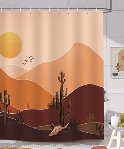 Boho Sunset Cactus Mountain Shower Curtain, Mid Century Abstract Design, Waterproof Fabric For The Bathroom