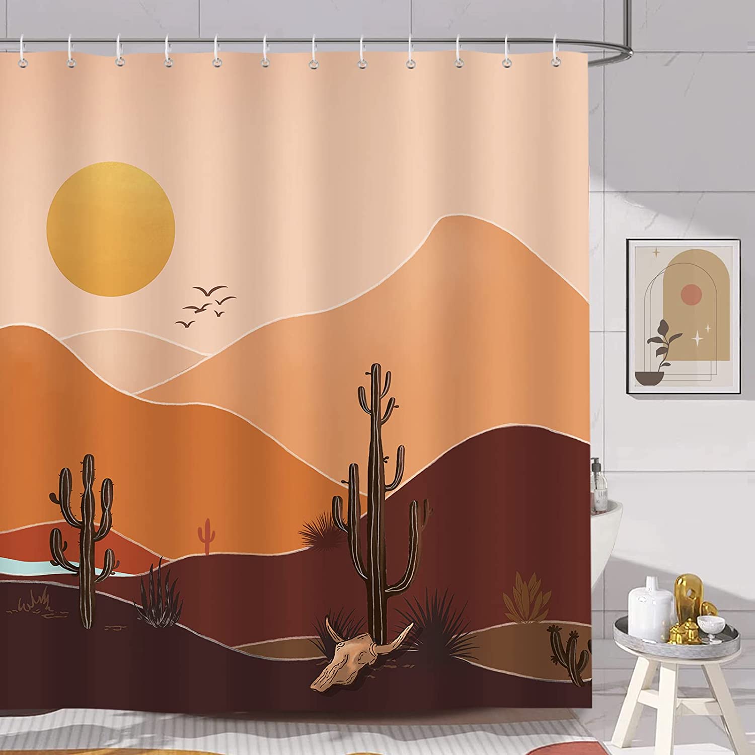 Boho Sunset Cactus Mountain Shower Curtain, Mid Century Abstract Design, Waterproof Fabric For The Bathroom
