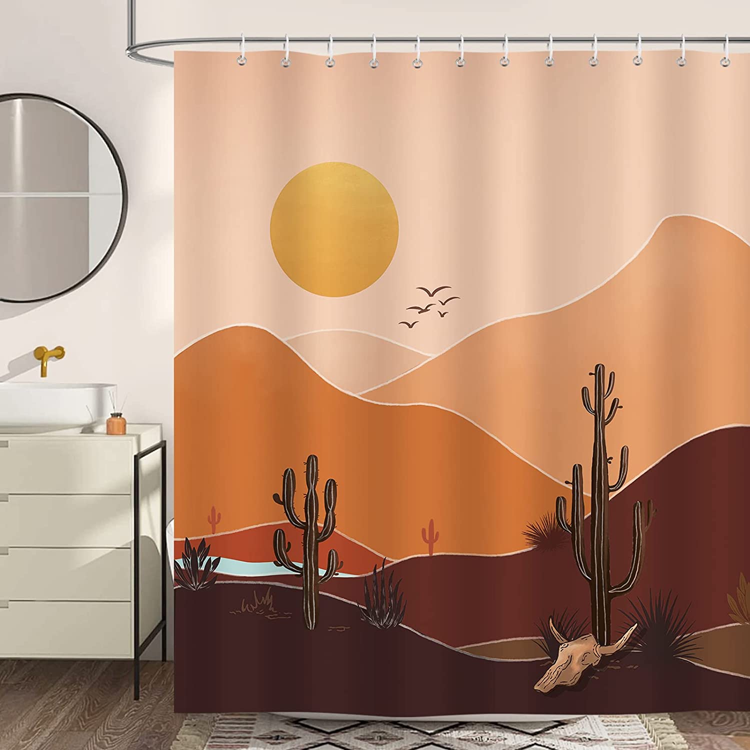 Boho Sunset Cactus Mountain Shower Curtain, Mid Century Abstract Design, Waterproof Fabric For The Bathroom - Image 2