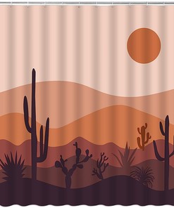 Boho Sunset Cactus Shower Curtain, Mid Century Modern Abstract Landscape Bathroom Decor