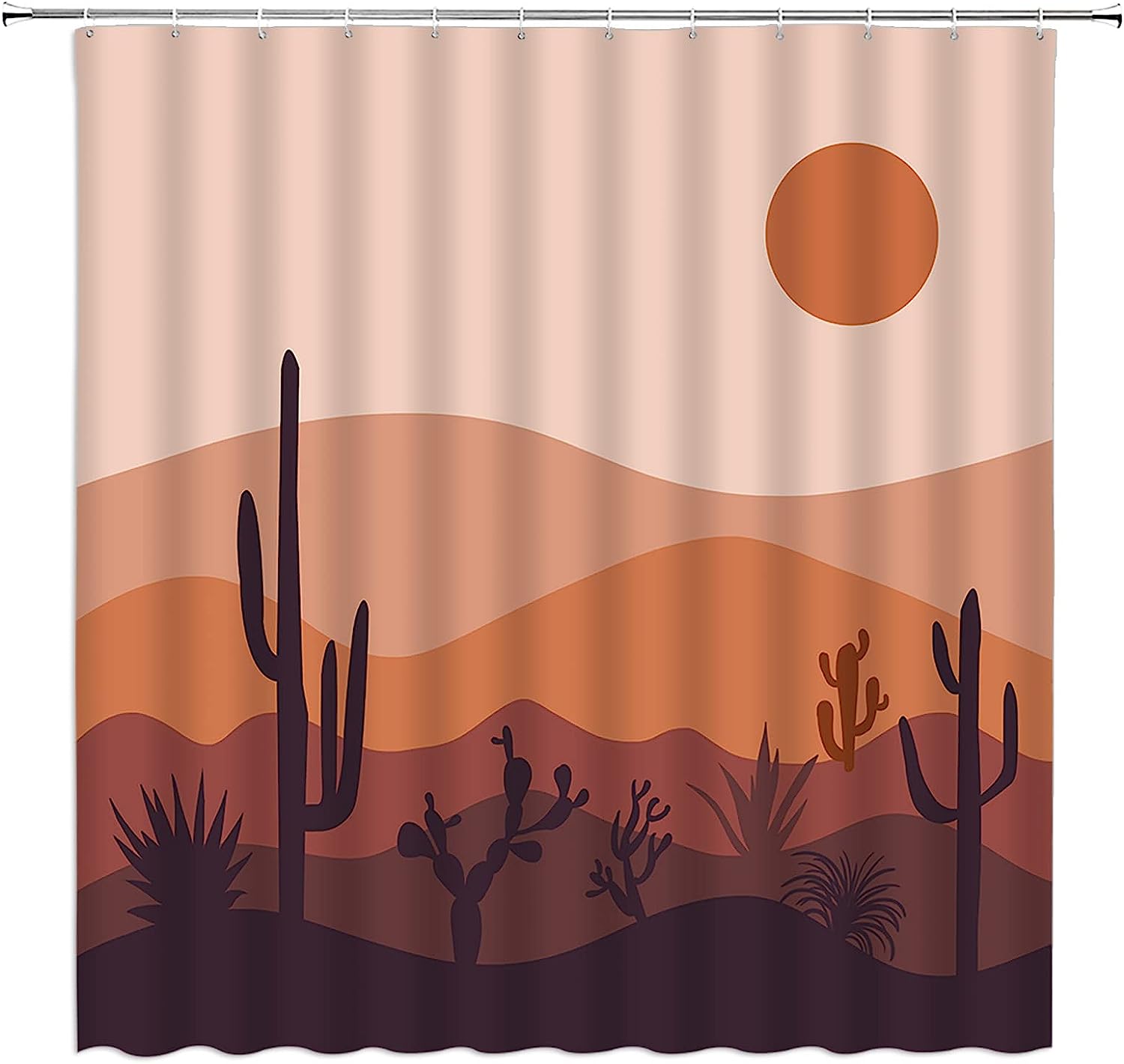 Boho Sunset Cactus Shower Curtain, Mid Century Modern Abstract Landscape Bathroom Decor