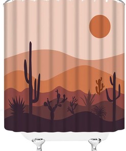 Boho Sunset Cactus Shower Curtain, Mid Century Modern Abstract Landscape Bathroom Decor