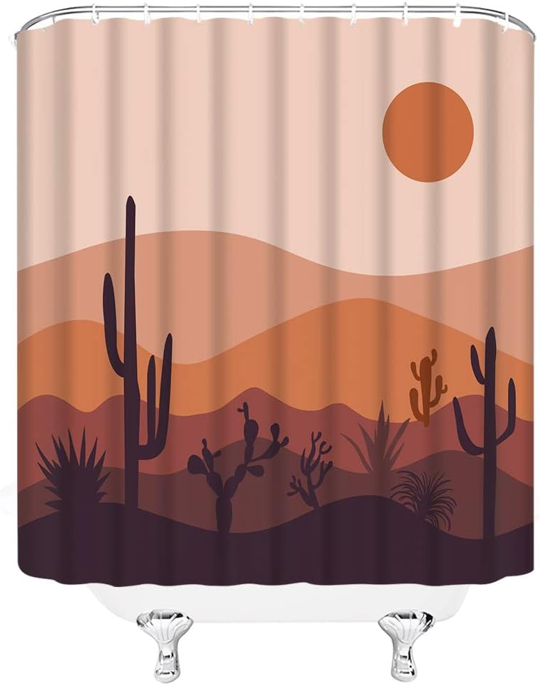 Boho Sunset Cactus Shower Curtain, Mid Century Modern Abstract Landscape Bathroom Decor