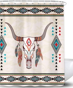 Boho Tribal Bull Skull Aztec Geometry Shower Curtain - Southwestern Cattle Feathers Bath Curtain For Bathroom