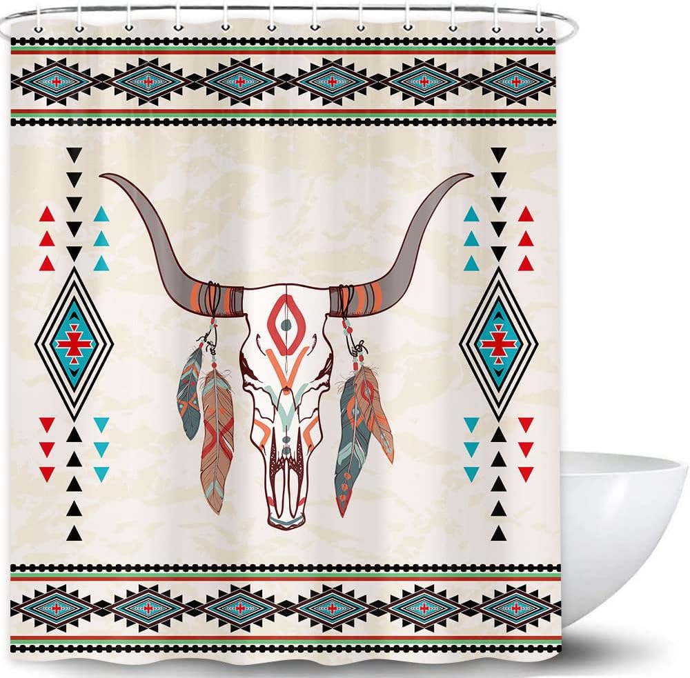 Boho Tribal Bull Skull Aztec Geometry Shower Curtain - Southwestern Cattle Feathers Bath Curtain For Bathroom