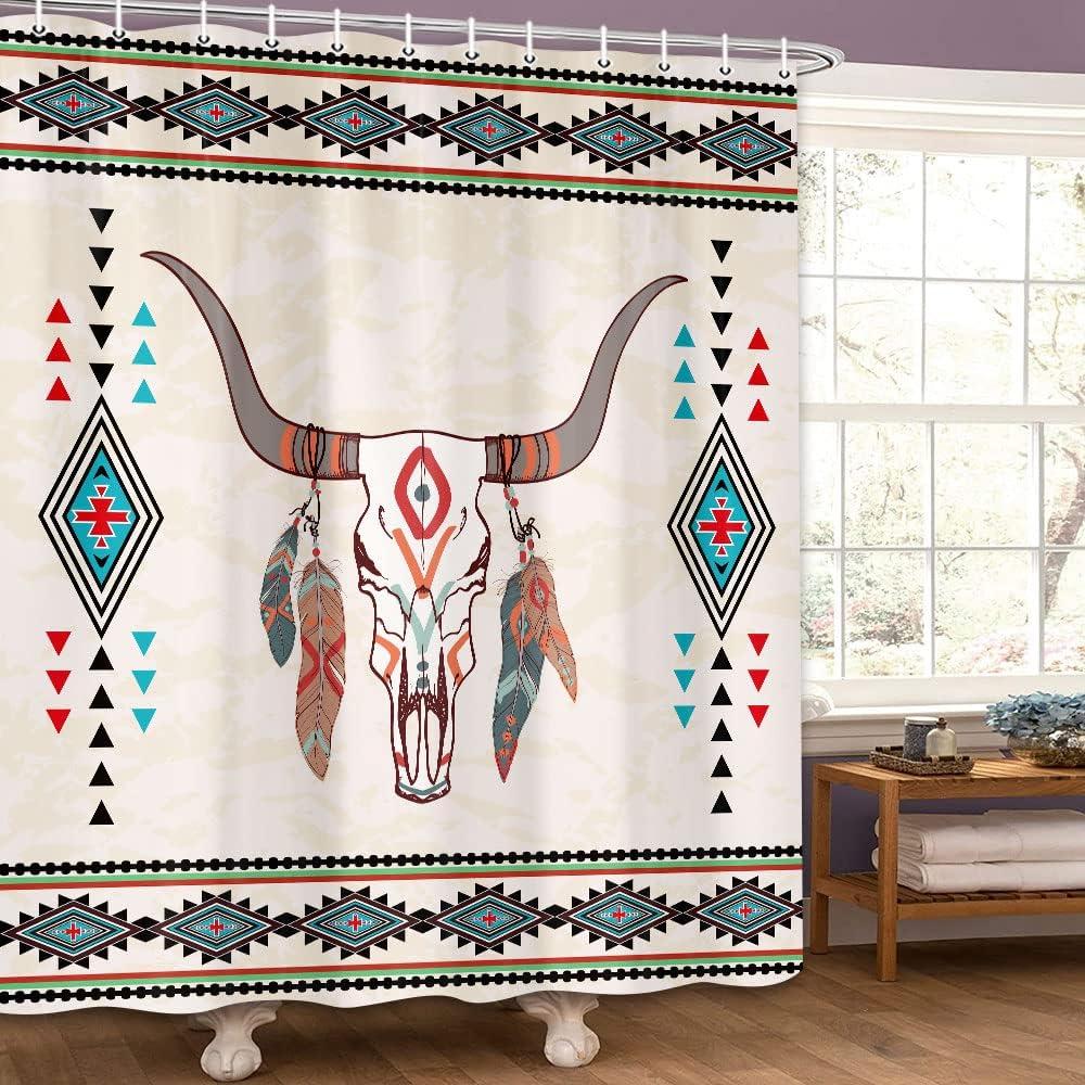 Boho Tribal Bull Skull Aztec Geometry Shower Curtain - Southwestern Cattle Feathers Bath Curtain For Bathroom - Image 3