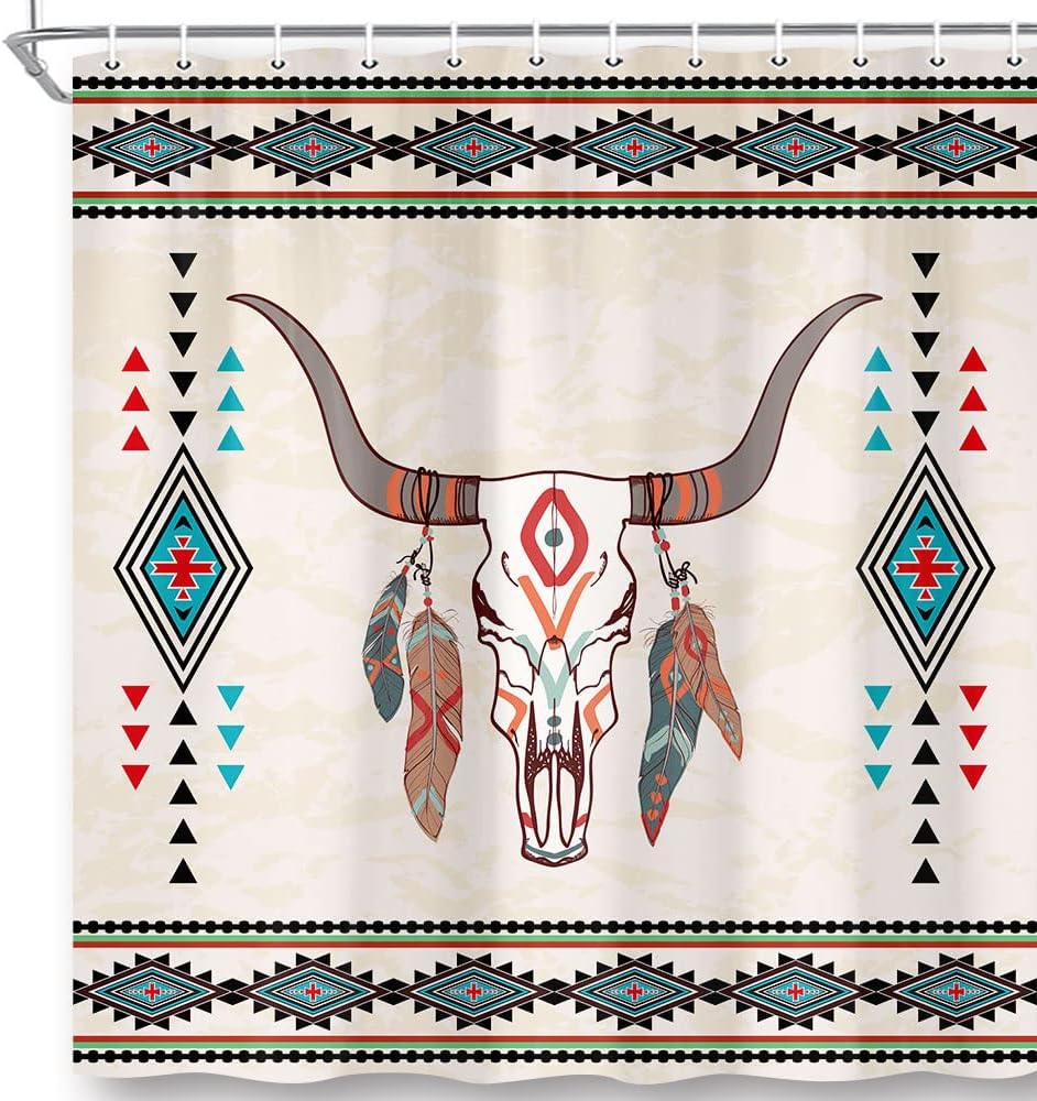 Boho Tribal Bull Skull Aztec Geometry Shower Curtain - Southwestern Cattle Feathers Bath Curtain For Bathroom - Image 4