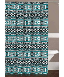 Boho Tribal Design Geometric Fabric Shower Curtain, Teal Black White Bathroom Decor