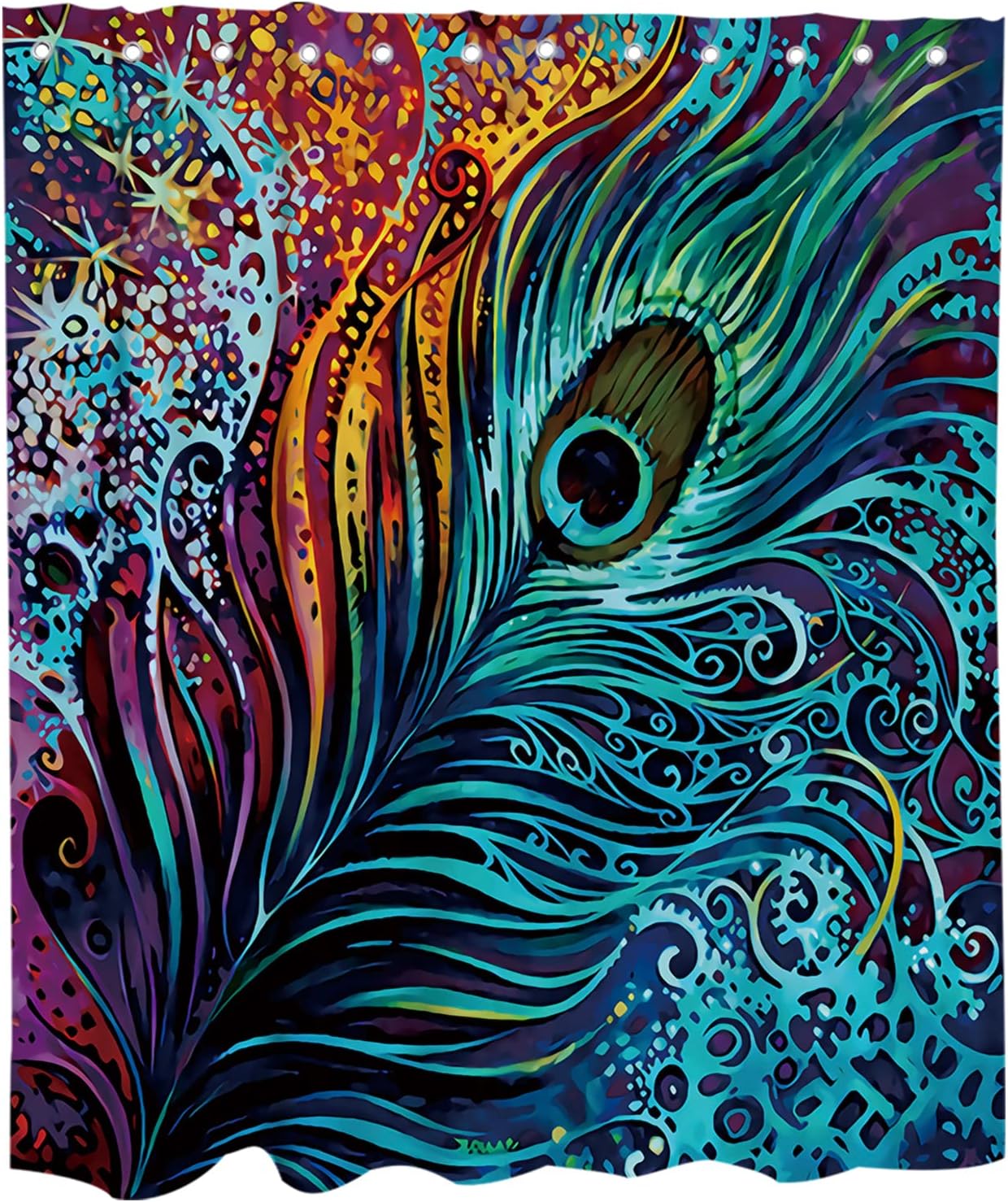Boho Tribal Peacock Feather Art Printed Shower Curtain for Colorful Bathroom Decor