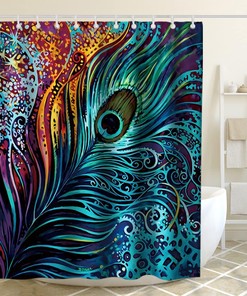 Boho Tribal Peacock Feather Art Printed Shower Curtain for Colorful Bathroom Decor