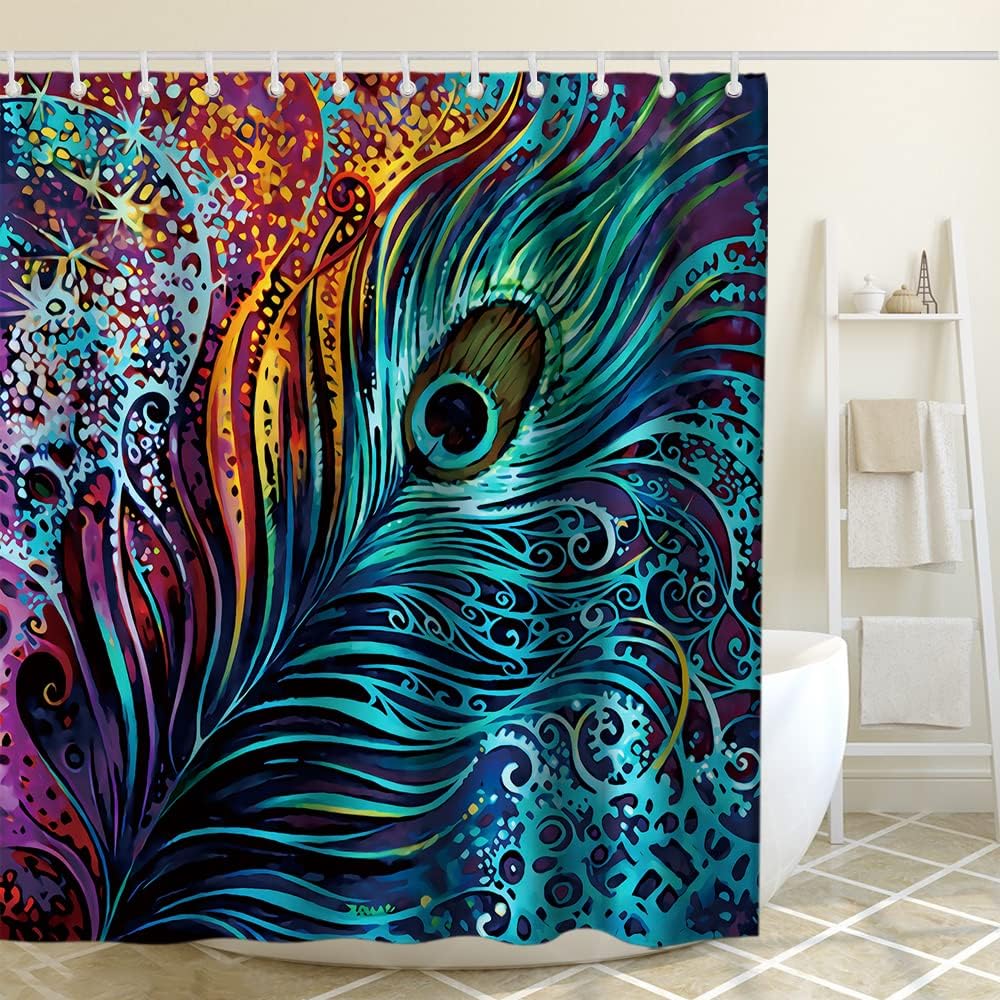 Boho Tribal Peacock Feather Art Printed Shower Curtain for Colorful Bathroom Decor