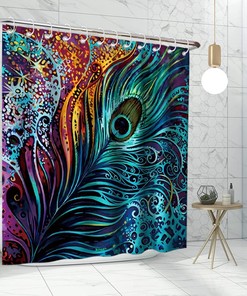 Boho Tribal Peacock Feather Art Printed Shower Curtain for Colorful Bathroom Decor