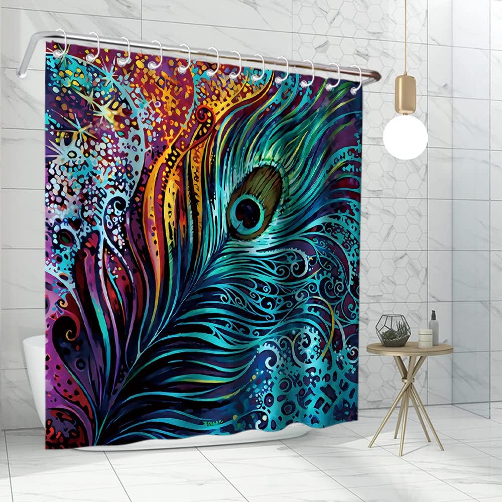 Boho Tribal Peacock Feather Art Printed Shower Curtain for Colorful Bathroom Decor
