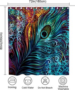 Boho Tribal Peacock Feather Art Printed Shower Curtain for Colorful Bathroom Decor