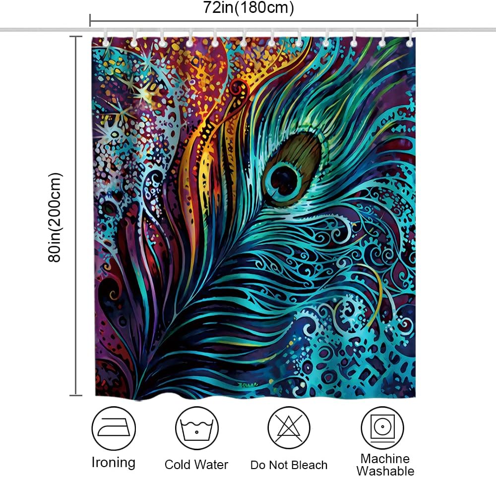 Boho Tribal Peacock Feather Art Printed Shower Curtain for Colorful Bathroom Decor