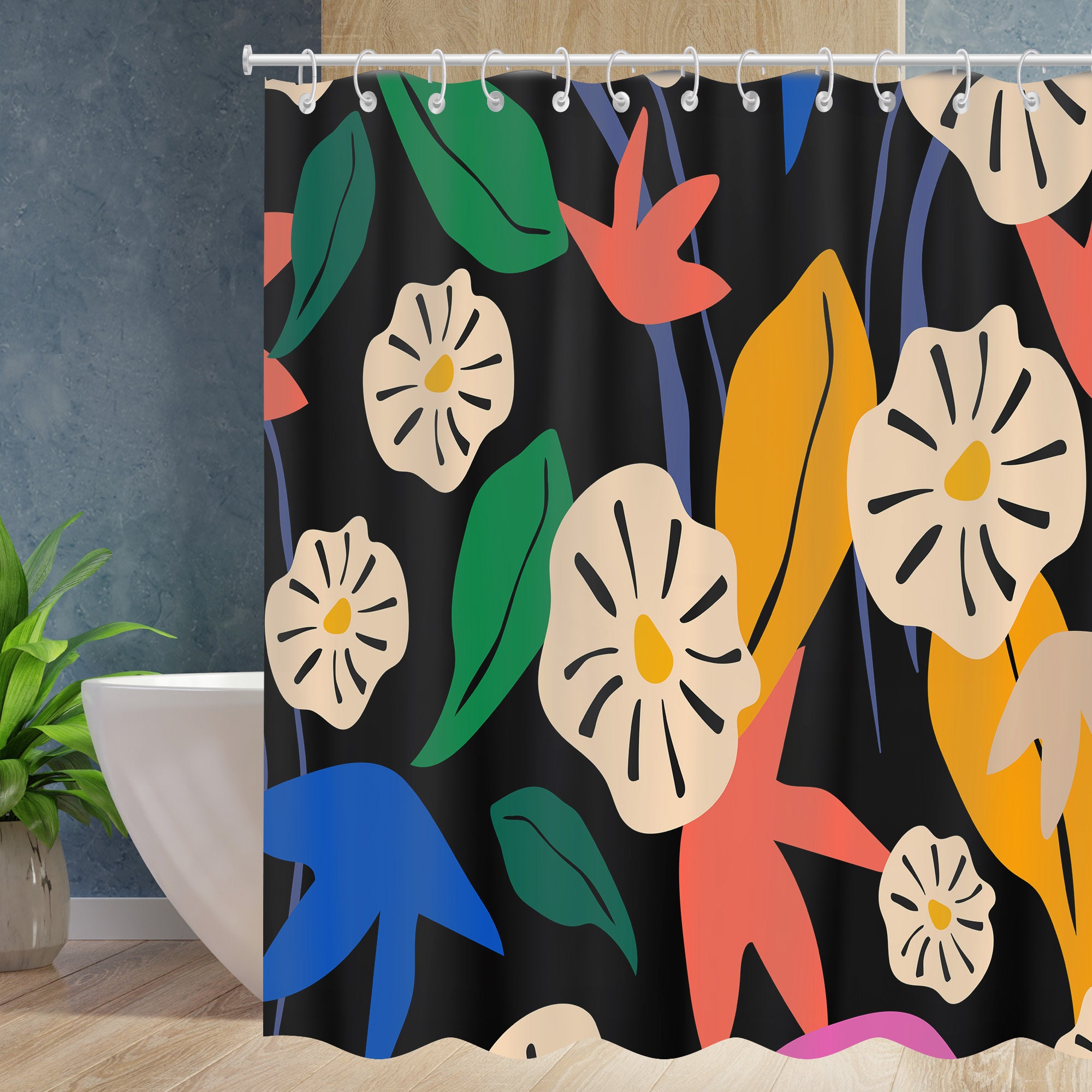 Boho Tropical Leaves Floral Shower Curtain With Waterproof Modern Fabric For Vibrant Bathroom
