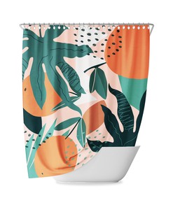 Boho Tropical Oranges Shower Curtain with Green Monstera Leaves and Fruit Pattern
