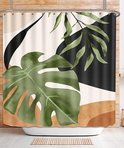 Boho Tropical Shower Curtain with Abstract Plant Print for Bathroom