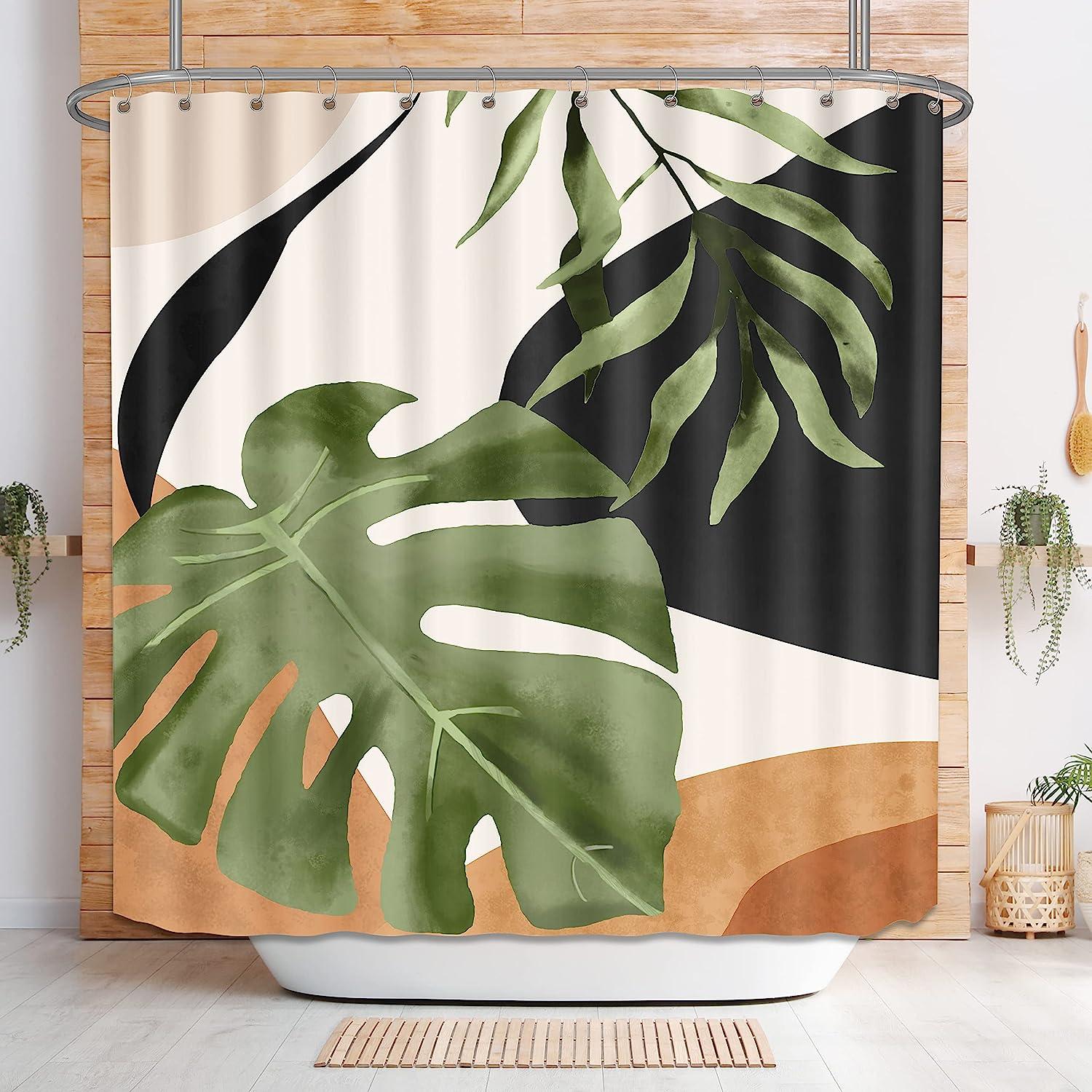 Boho Tropical Shower Curtain with Abstract Plant Print for Bathroom