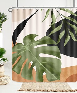 Boho Tropical Shower Curtain with Abstract Plant Print for Bathroom