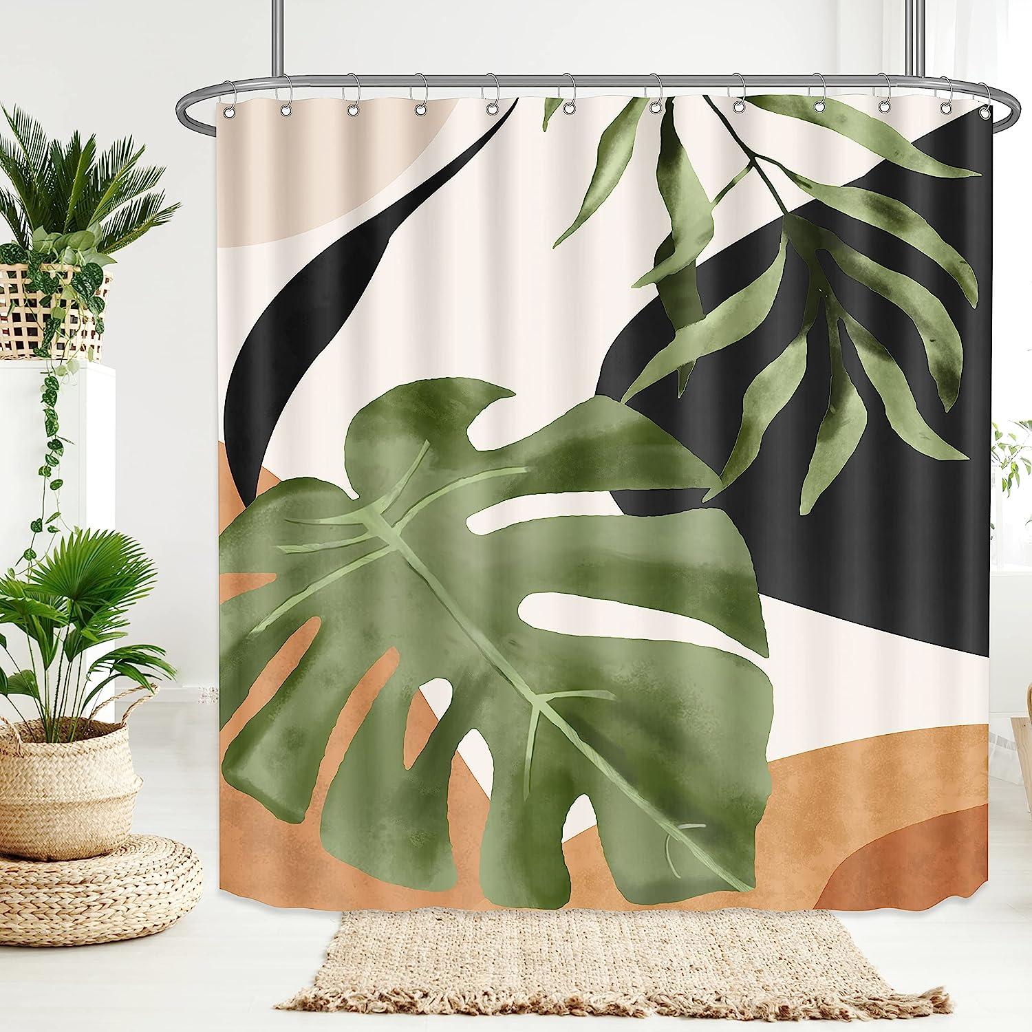 Boho Tropical Shower Curtain with Abstract Plant Print for Bathroom